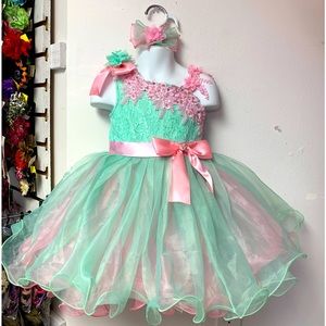 Size 3 or 4 Mint & Pink Beaded Southern Cupcake Babydoll Pageant Dress & Bow NWT